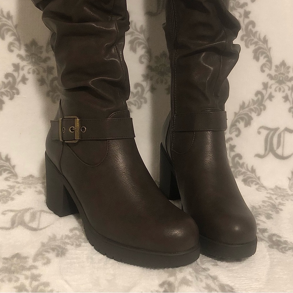 NWT Dark Brown Knee-High Chunky Heel Boots - Picture 2 of 6